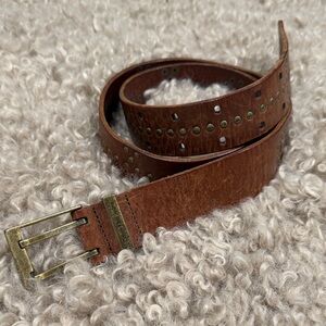 Calvin Klein Brown Leather Belt with Brass Buckle and Floral Stud Design
